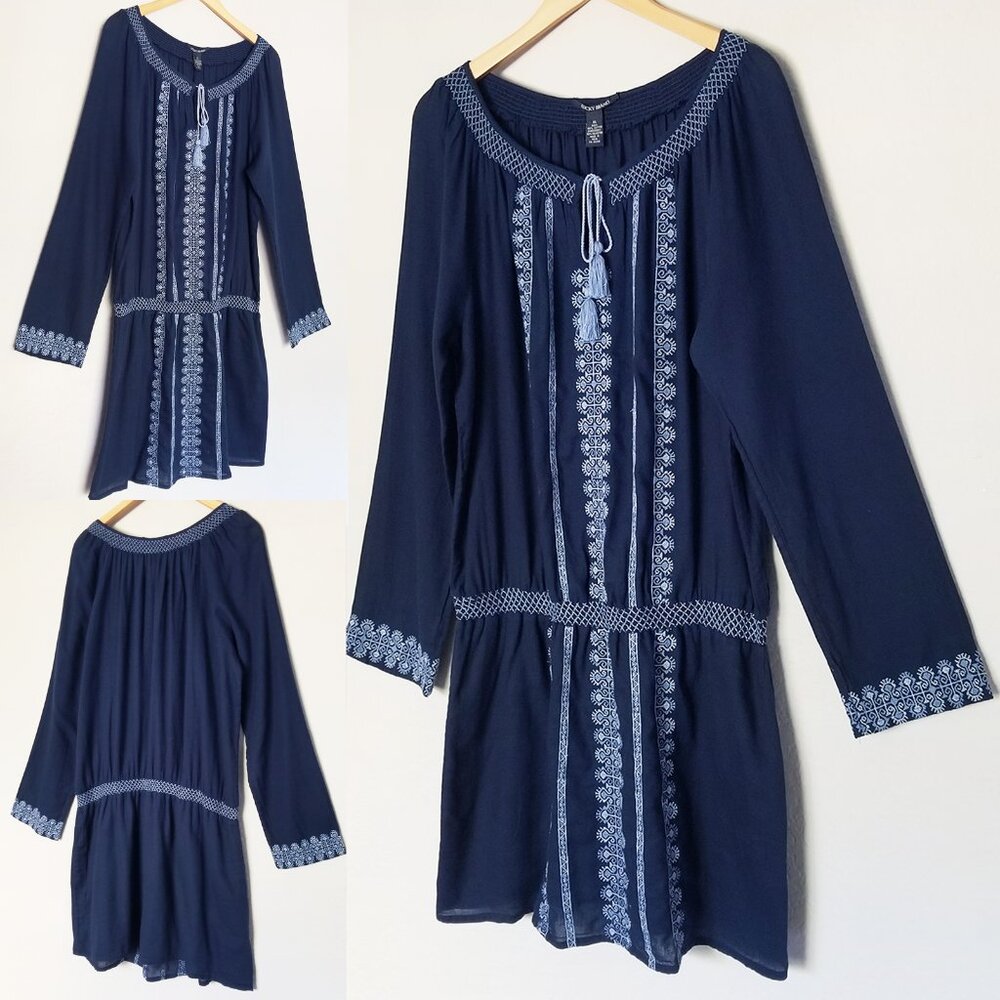 Lucky Brand Embroidered Mini Peasant Dress Long Sleeve Drop Waist Blue XL Cotton - Picture 14 of 14